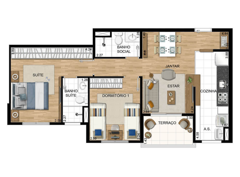 2 Dormitórios - 62,07 m² c/ suíte