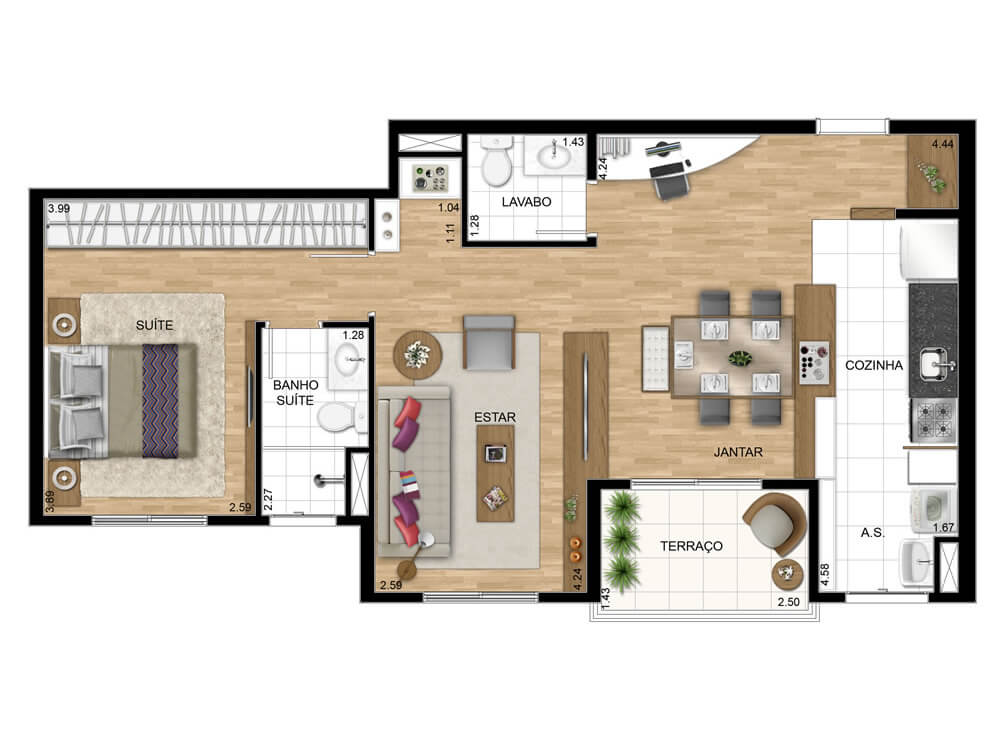 1 Dormitório - 62,07 m² c/ suíte e living ampliado