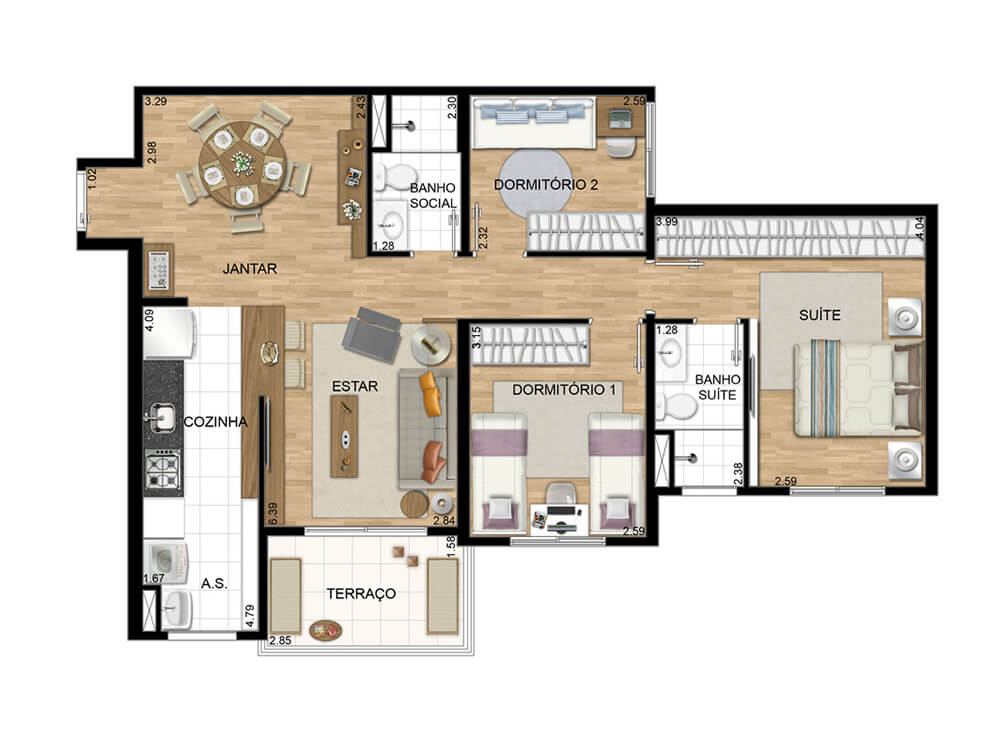 3 Dormitórios - 79,33 m² c/ suíte