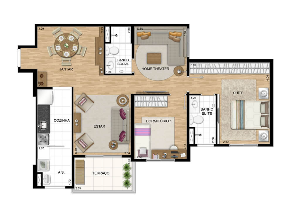 2 Dormitórios - 79,33 m² c/ suíte e home theater